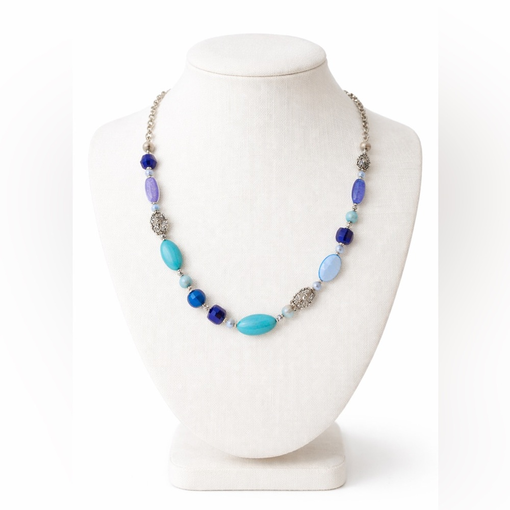 Premier Designs Blue Silver Beaded Necklace Statement Elegant Jewelry Gift